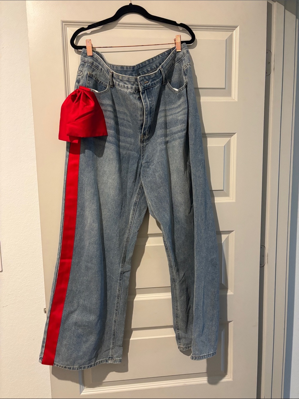 Light Blue Wide-Leg Jeans with Red Side Stripe